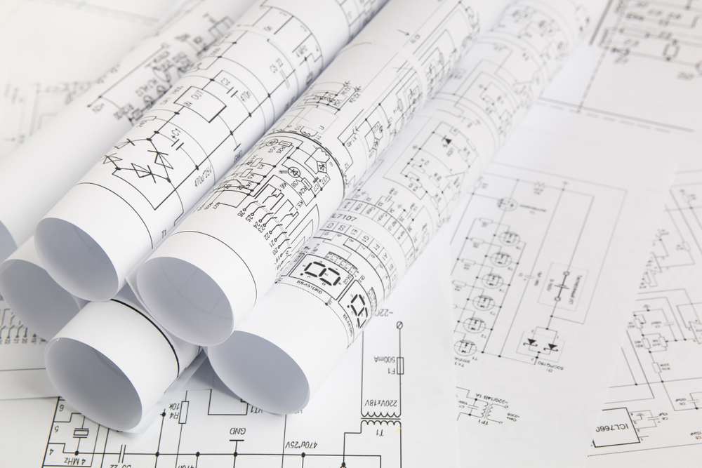 Electrical engineering technical drawings and blueprints used for system design and planning